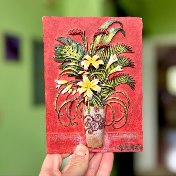 Other - Floral VTG Red 3D Rustic Dainty Flower Plaque Wall Art Accent
